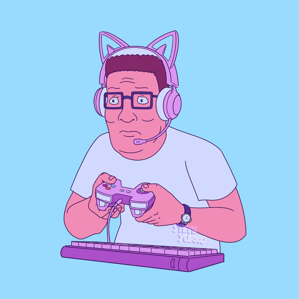 Artwork of Hank Hill playing a vidya game in the style from the Season 11 episode "Grand Theft Arlen" but with cat ear headphones, a pink controller and keyboard.