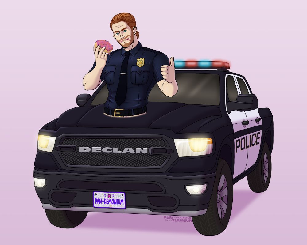 An illustration of a man who is a car-tau; that is, a centaur with the upper body of an animate human man and the lower half of an inanimate, mechanical vehicle — in this case, a police truck. He is wearing a police shirt over his muscular torso, with just the smallest bit of his midriff visible connected and merged to the hood of the police car that functions as his lower body. He has red hair and a short red beard. He is eating a doughnut and giving a thumbs-up to the viewer. He has some frosting on his cheeks.