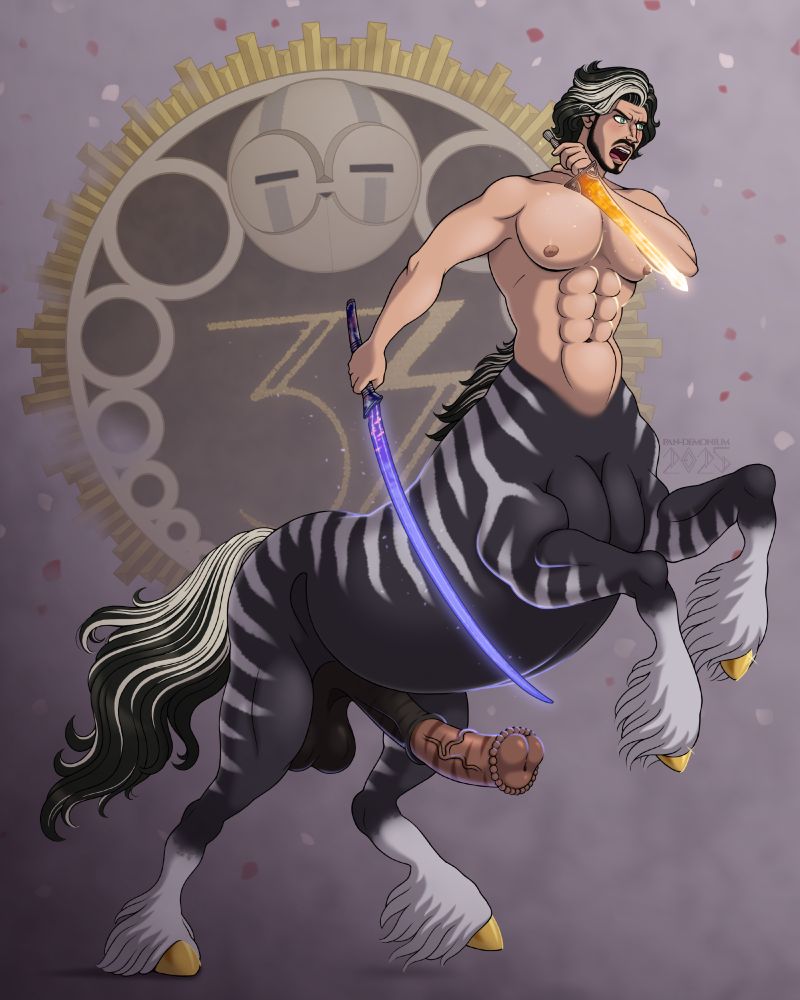 An illustration featuring a handsome male centaur. He has long, dark hair with white streaks and a tail to match. He is wielding a purple sword in his right hand and an orange, flaming dagger in his left. An art-nouveau inspired motif can be seen framing him in the background. He is fully aroused.