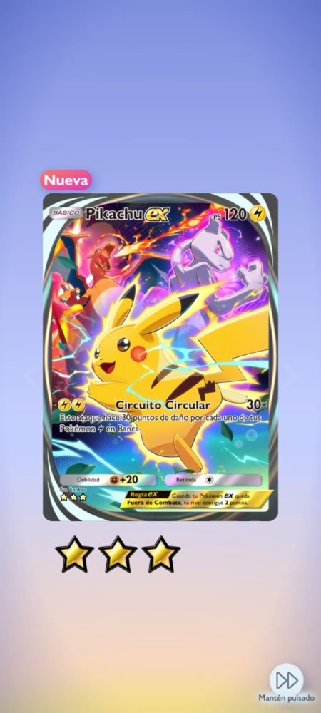 Pikachu EX inmersivo del pack especial en Pokémon Pocket.