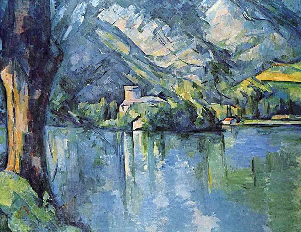 serene  alpine lake with mountains in the background with trees and a few buildings below them at the shore of a lake reflecting sky and landscape.  Nearest is a tree on the left side as we gaze upon the scene from the opposite shore.  Impressionistic colors: blues, greens, yellows in varying shades.  Peaceful.