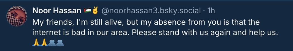screenshot of a post from
Noor Hassan [flag of palestine] [peace sign] @noorhassan3.bsky.social • 1h

My friends, I'm still alive, but my absence from you is that the internet is bad in our area. Please stand with us again and help us.
[two praying hands emojis, two hugging people emojis]