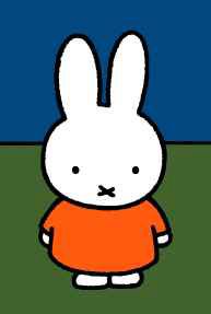 a very simply draw white cartoon rabbit with upright ears, two dots for eyes, and and X for a mouth that always makes her look a little grouchy,  Miffy wears a bright orange dress, standing on a green field under a dark blue sky.