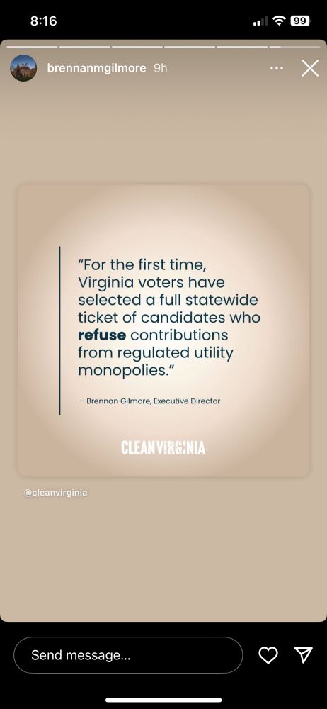Quote from Brennan Gilmore- ED of Clean Virginia noting it’s the first ti Virginia voters have a clean slate of candidates refusing to utility money. 