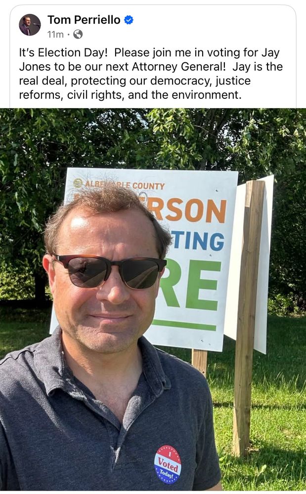 Tom Perriello with a I voted sticker encouraging folks to vote for Jay Jones for AG!