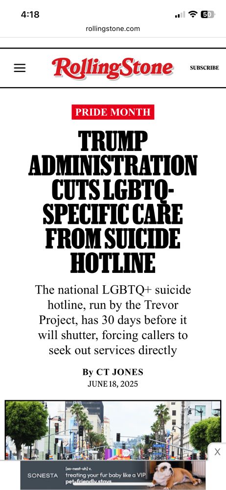 Headline about Trump cutting suicide hotline for lgbtq people 