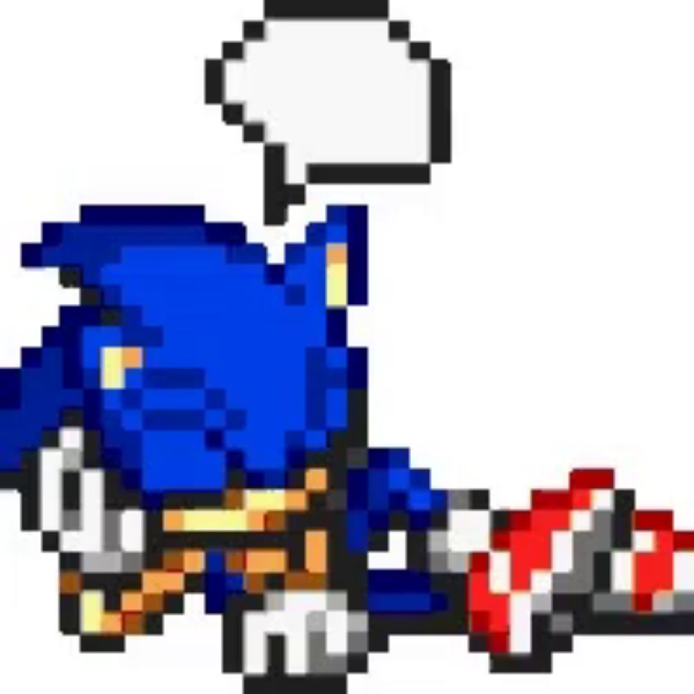 a pixel art of sonic the hedgehog laying down with a speech bubble coming out of his mouth .