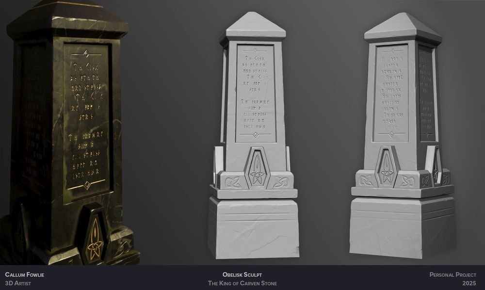 Zbrush renders of the obelisk, alongside a closeup of the fully rendered obelisk in scene.
