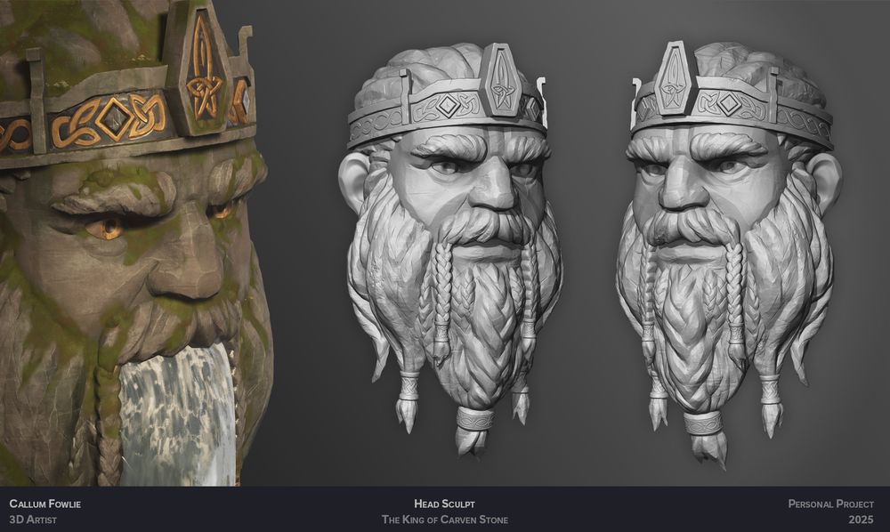 Zbrush renders of the dwarven head, alongside a closeup of the fully rendered head in scene.
