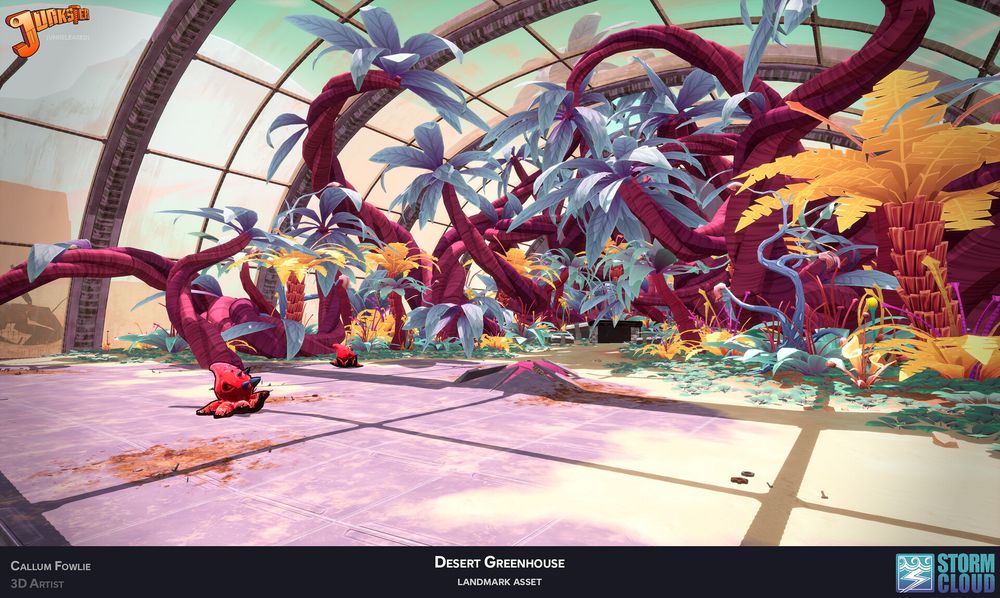 A stylised game environment showing a large greenhouse in an alien desert. The unusual plants within the greenhouse are overgrown and running rampant, despite the hostile environment.