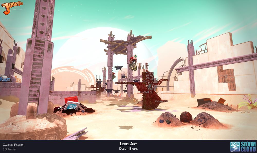 A collapsing warehouse left to ruin in an alien desert. Beneath a green sky the sand and metal bakes in the sun.