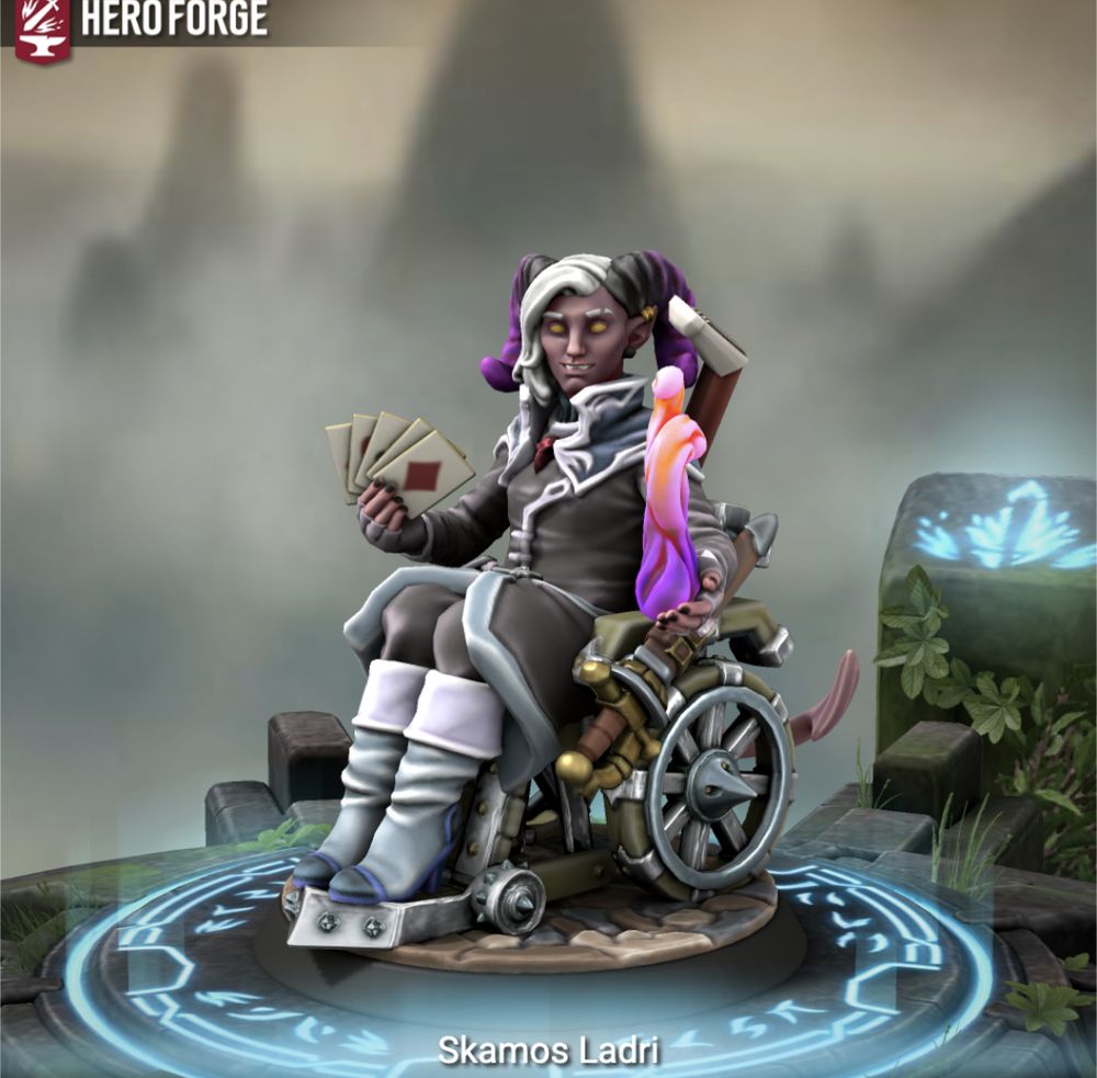 a picture of a heroforge model of a pink tiefling in a wheelchair