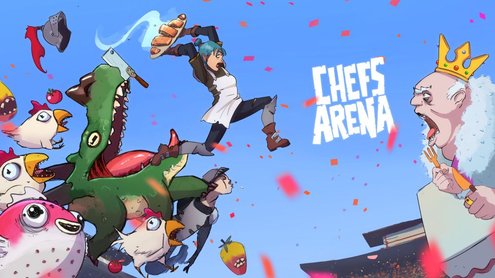 blue background with illustrations of various characters, like a pink fish, multiple chickens, a chili with a mouth and a big green dragon with a cleaver stuck in its nose, one character dressed as a knight with blue hair is jumping and trying to avoid the characters, right in front of the knight is a logo saying "Chefs Arena" and behind is a king with a crown on its head and cuttlery in its hands with an open mouth ready to catch the food the knight is holding. Sprinkled throughout the entire scene are pinkish squares.
