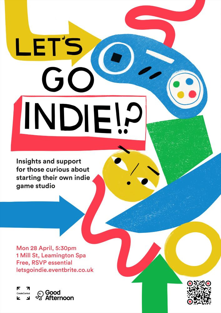 event poster with colourful shapes, faces and game controllers. Text reads "Let's Go Indie, insights and support for those curious about starting their own game studio"
