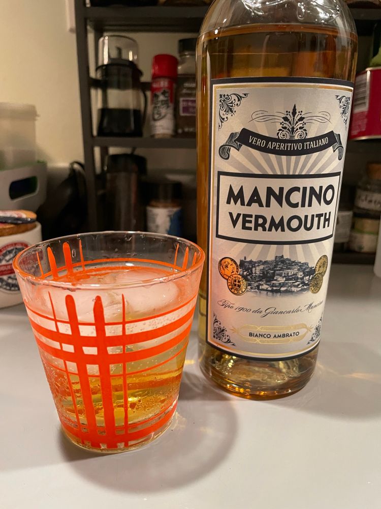 A bottle of bianco ambrato mancino vermouth
