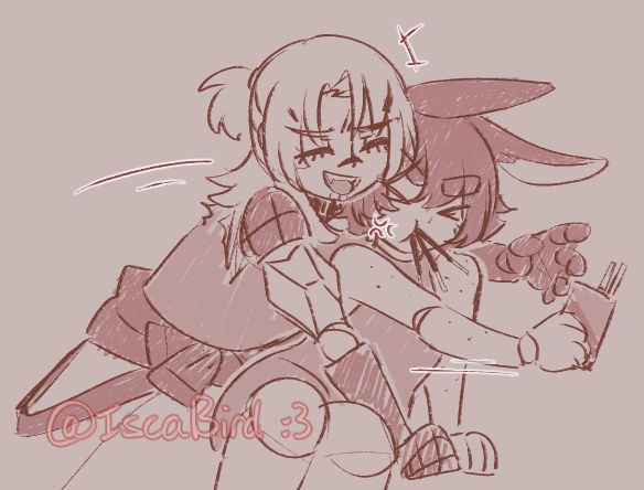 havoc leans over izzie in an attempt to grab some choco sticks. izzie is irritated, and tries to move the choco sticks away.