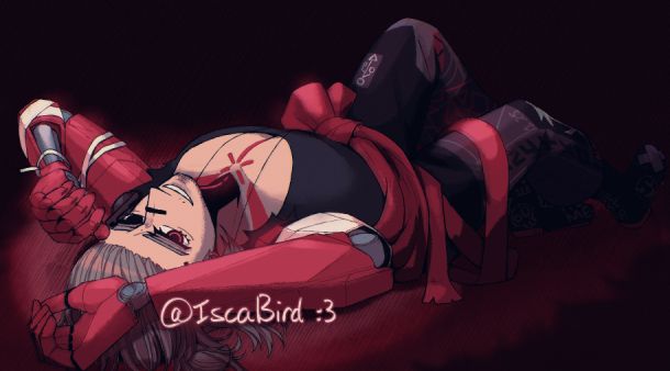 artwork of havoc laying on his back and looking towards the camera. there's a spotlight shining on his upper half.