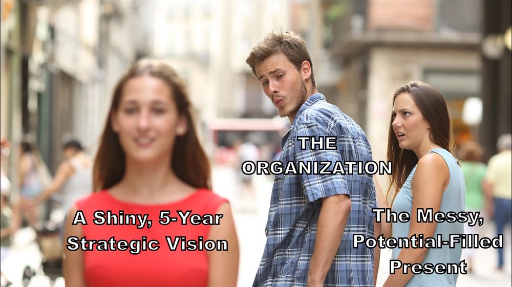 Distracted Boyfriend Meme: Boyfriend: The Organization, Current Girlfriend: The Messy, Potential-Filled Present, The Other Girl: A Shiny, 5 year Strategic Vision