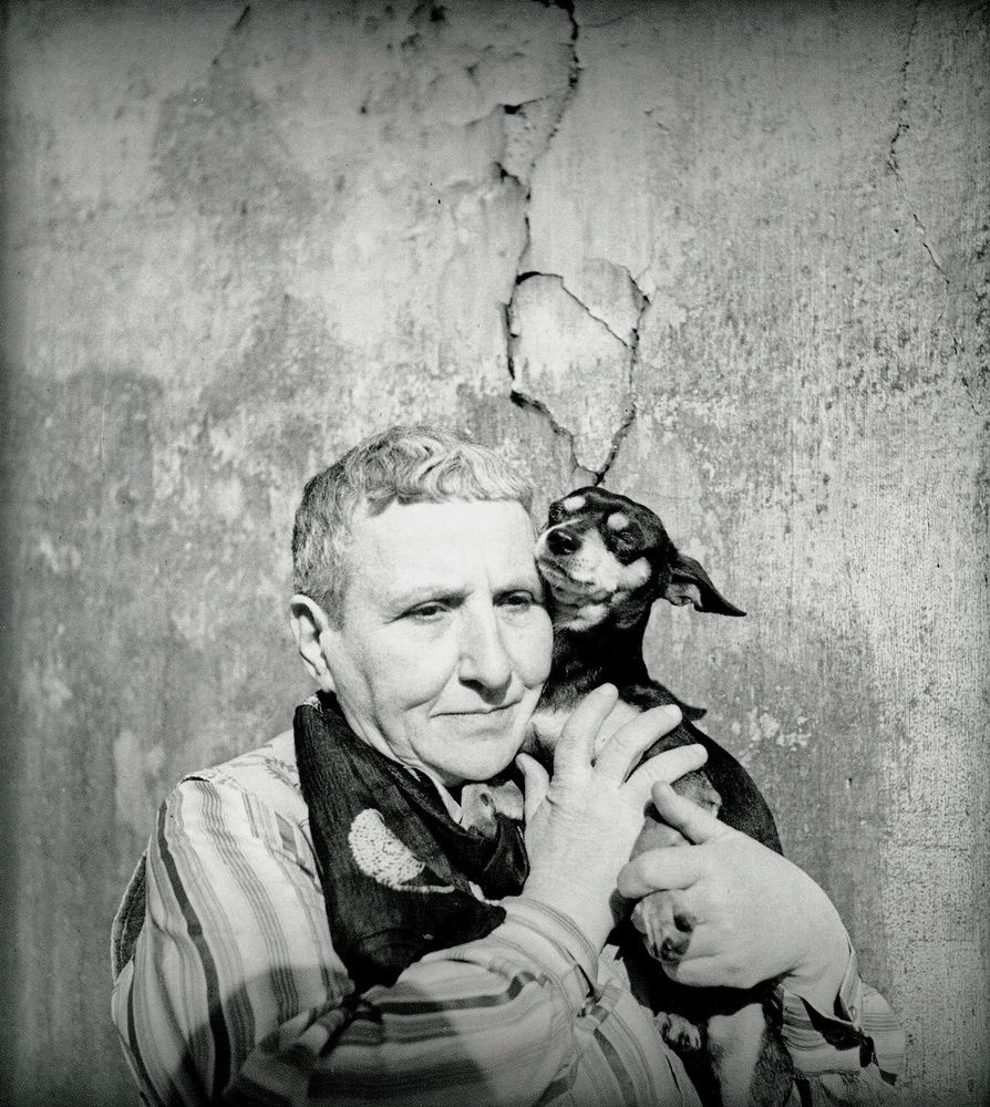 gertrude stein hugging a small dog