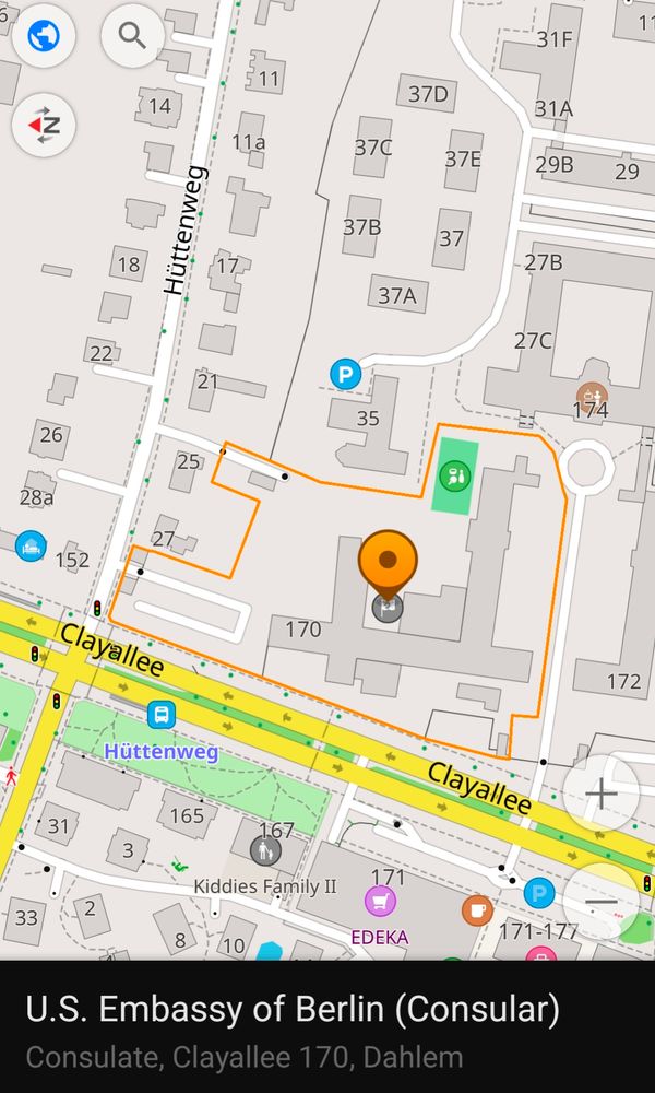 Screenshot of Open Street Maps showing the location of the US Embassy in Berlin. 