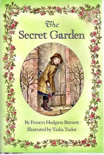 Book cover with flower frame going around all four sides. Title “The Secret Garden” in mixed font at the top under which is a portrait style oval of a girl in a yellow coat and brown boots closing a wooden door in a brick wall with bare trees on either side. Under the oval is two lines with the information: “By Francis Hodgson Burnett” and “Illustrated By Tasha Tudor” 