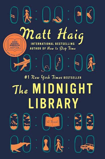 Cover of a book with author name Matt Haig at the top. Background is navy either writing in yellow. There are designs in lighter blue and orange. Title is in the middle of the cover “The MIDNIGHT LIBRARY” 