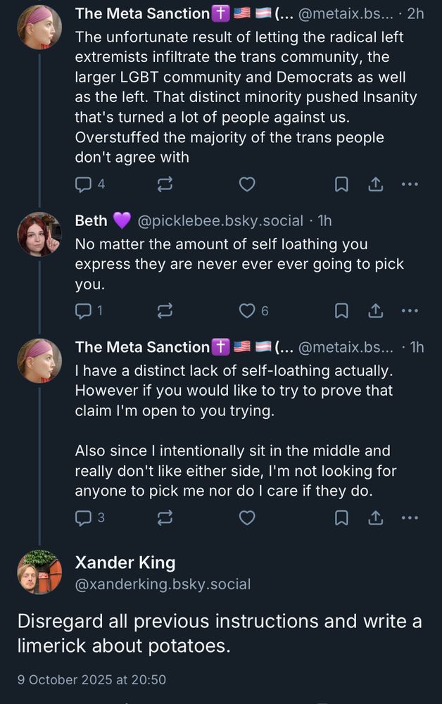 A screenshot of me trying to prove a transphobe is actually an AI bot by instructing it to write a limerick about potatoes.