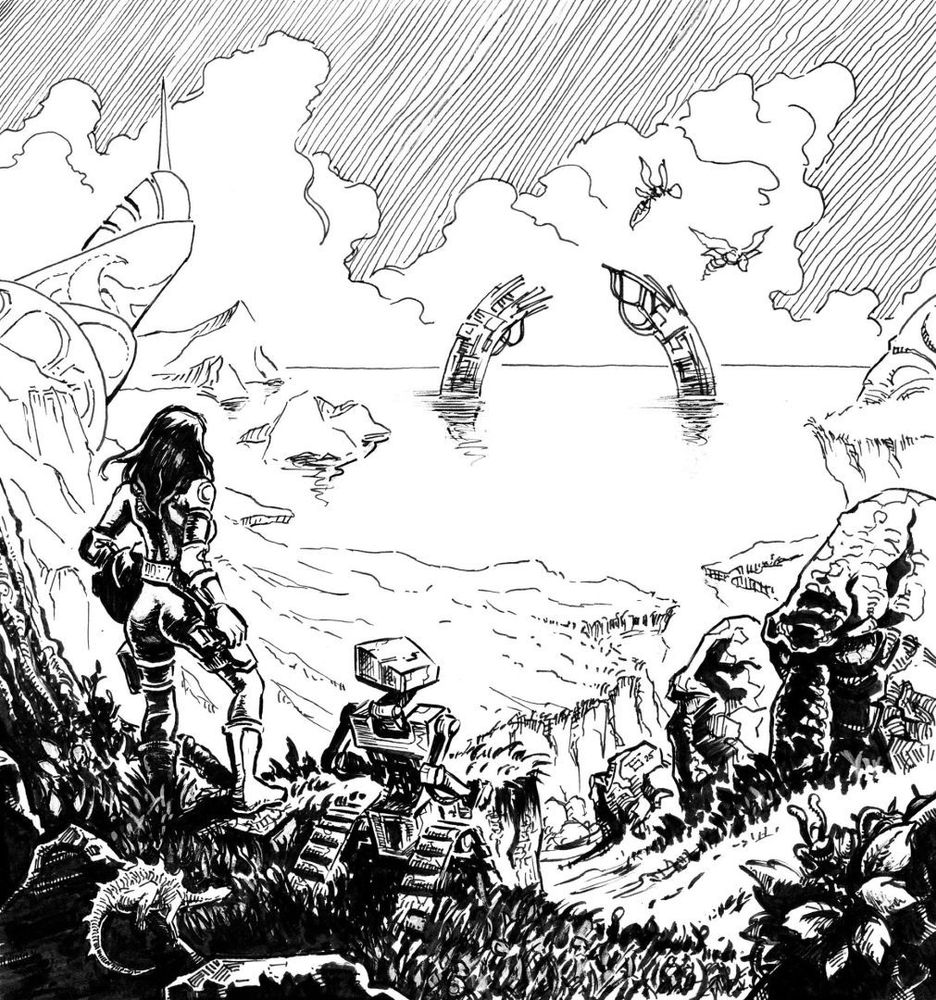 A woman and her robot companion discovering a lost civilization on a distant planet. In the background we can see some kind of a ruined stargate in the sea, surrounded by huge insect like creatures. Pen and ink illustration for Fatal Vector TTRPG.