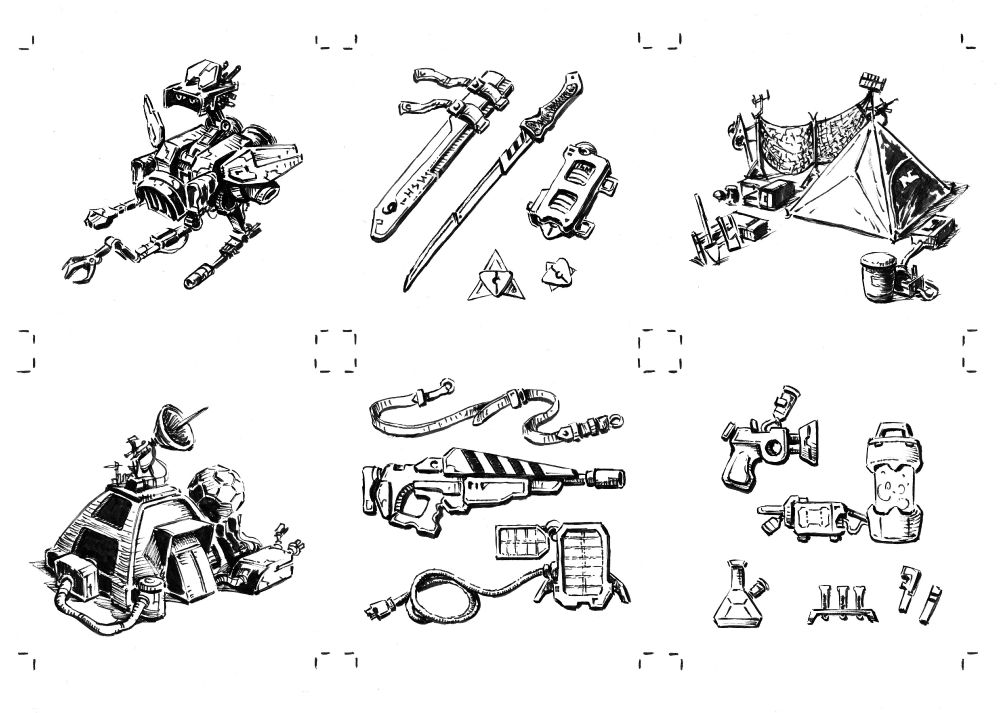 Pen and ink drawings of various gears. From left to right: robotic assistant, shortblade and stars, survival kit, shelter kit, solar pulse rifle, toxicology kit.