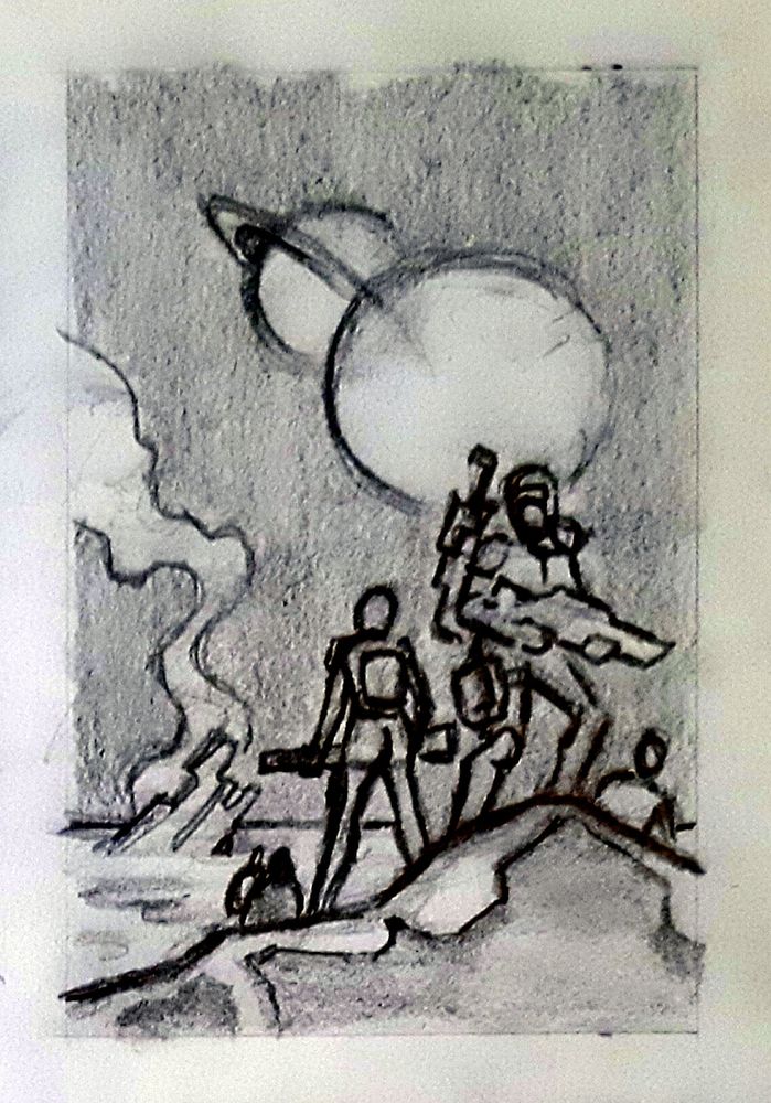 Pencil sketch in thumbnail size for the cover of Fatal Vector RPG. A crew of survivors exploring a barren alien planet. In the distance we can see the wreckage of their spacecraft still burning.