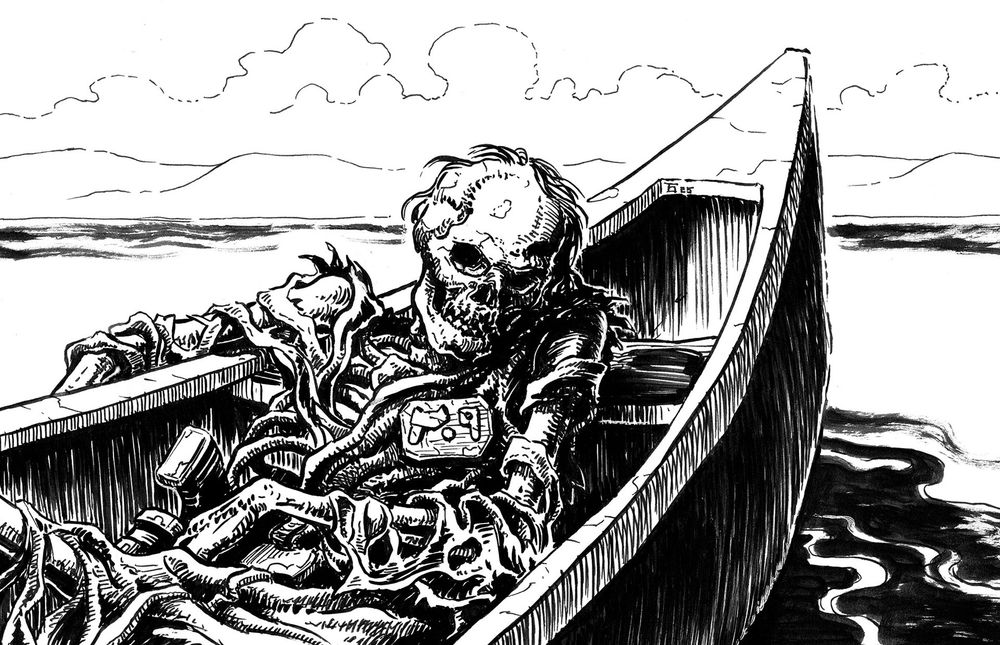 Pen and ink drawing of a decaying skeleton floating in an old boat at the center of a lake.