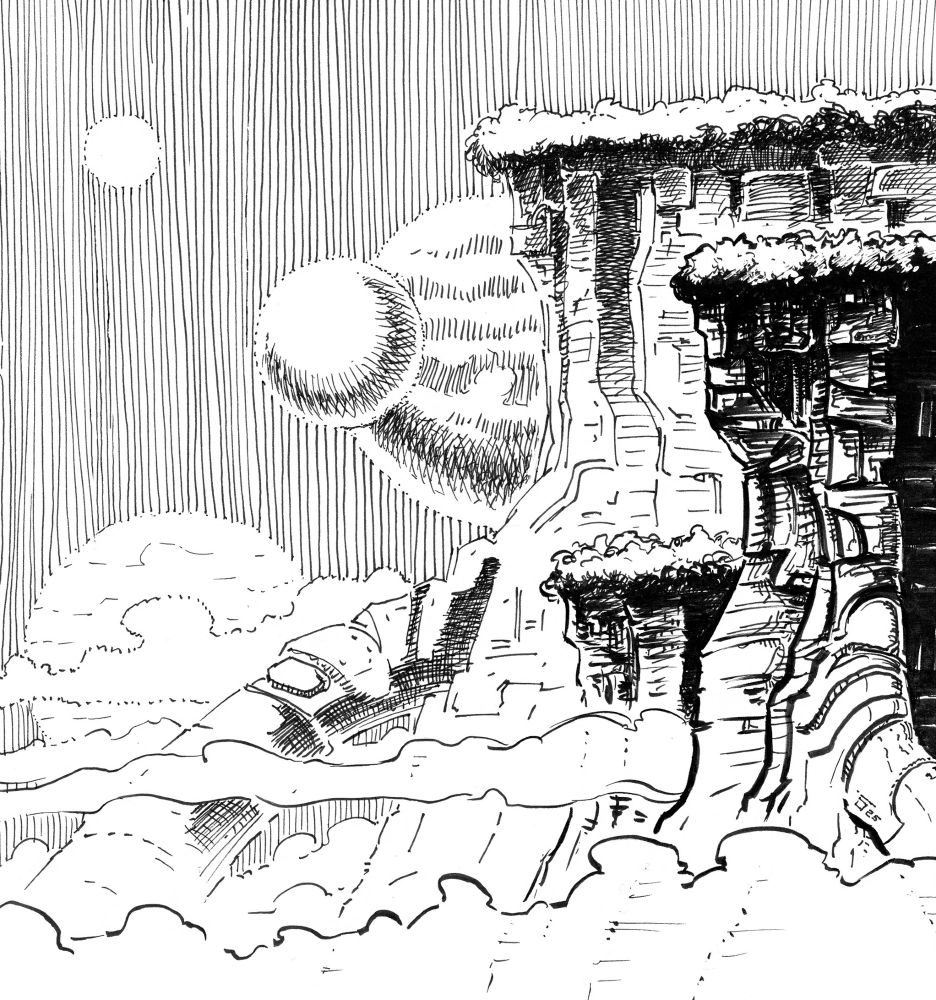 Pen and ink drawing depicting strange looking rock formations rising above the clouds.