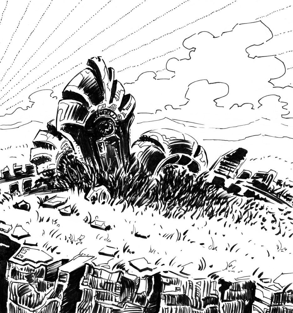 Pen and ink illustration of some alien looking artifacts on a grassy hill.