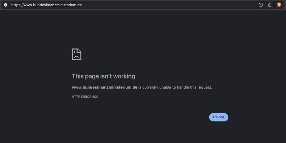 Screenshot of browser window at www.bundesfinanzministerium.de showing HTTP ERROR 500 -- a blank page.