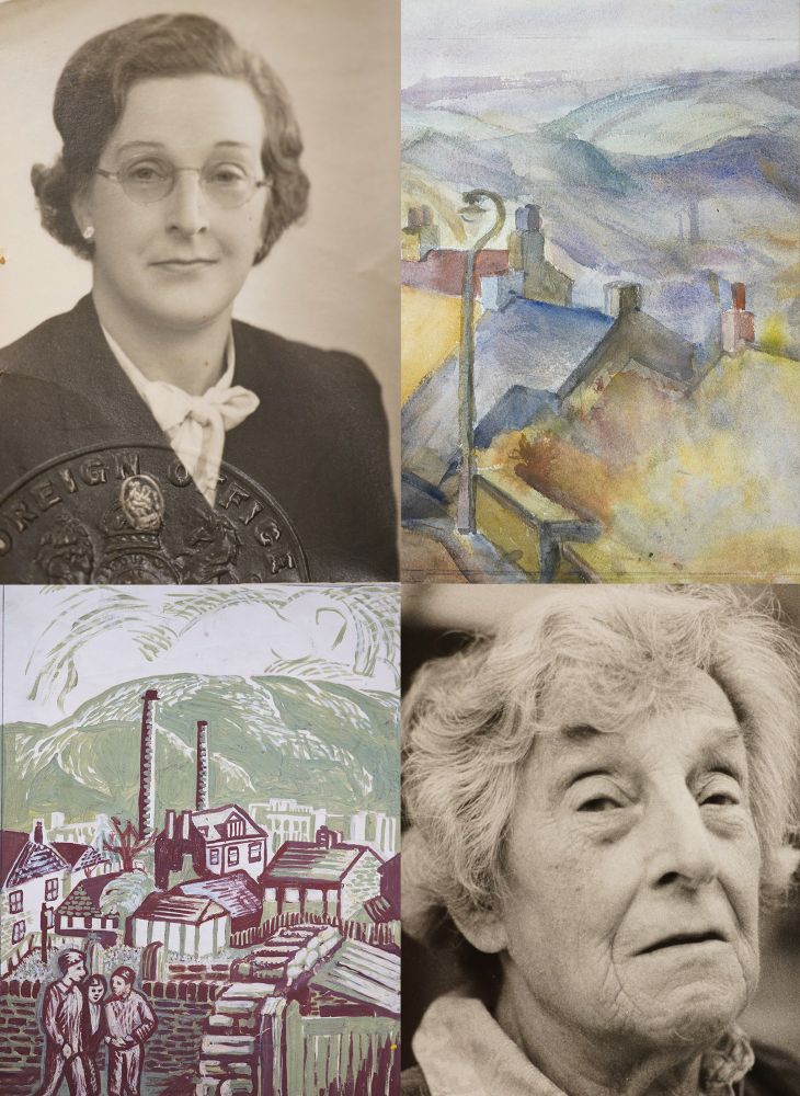 Four images, top left and bottom right black and white photos of a person. Other quadrants artworks depicting street scenes.