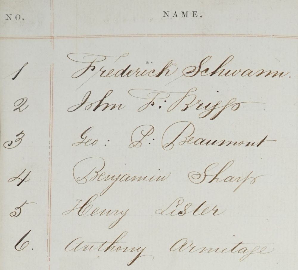 Photograph of handwritten document listing 6 names