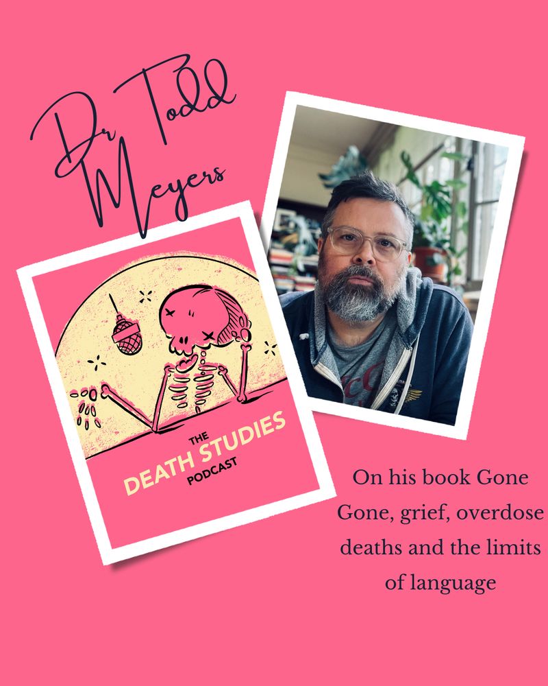 Our podcast logo, a pink skeleton talking into a mic on the left and a photo of guest Todd Meyers on the right 