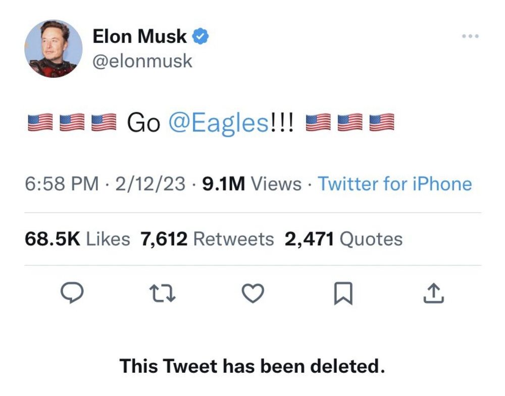 Deleted Elon musk tweet from February 2023 that reads “go eagles”