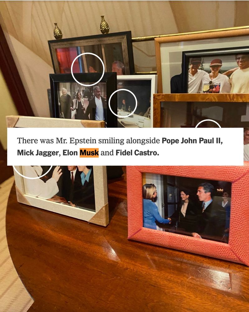 Screenshot from a NYT story that shows framed photos inside Jeffrey Epstein's home including those with Pope John Paul II, Mick Jagger, Elon Musk and Fidel Castro.