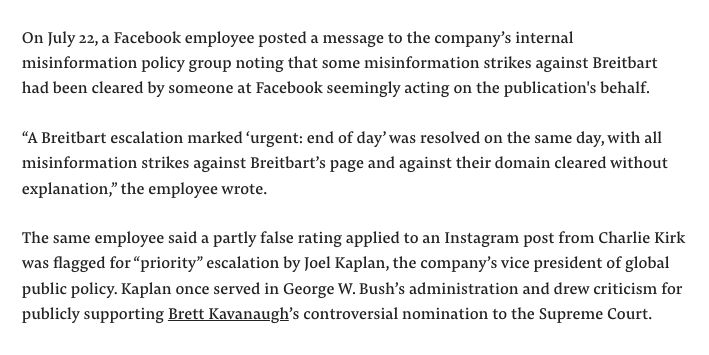 Excerpt from an August 2020 BuzzFeed News story that reads:

On July 22, a Facebook employee posted a message to the company’s internal misinformation policy group noting that some misinformation strikes against Breitbart had been cleared by someone at Facebook seemingly acting on the publication's behalf.

“A Breitbart escalation marked ‘urgent: end of day’ was resolved on the same day, with all misinformation strikes against Breitbart’s page and against their domain cleared without explanation,” the employee wrote.

The same employee said a partly false rating applied to an Instagram post from Charlie Kirk was flagged for “priority” escalation by Joel Kaplan, the company’s vice president of global public policy. Kaplan once served in George W. Bush’s administration and drew criticism for publicly supporting Brett Kavanaugh’s controversial nomination to the Supreme Court.


