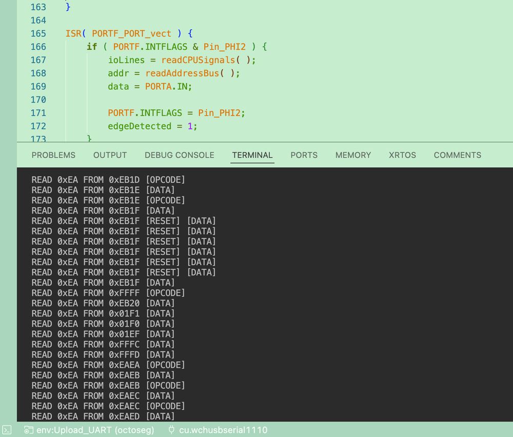VSCode terminal showing 65c02 starting up and executing hardcoded NOP