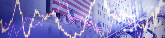 Illustration of a line chart with a U.S. flag in a stock exchange setting