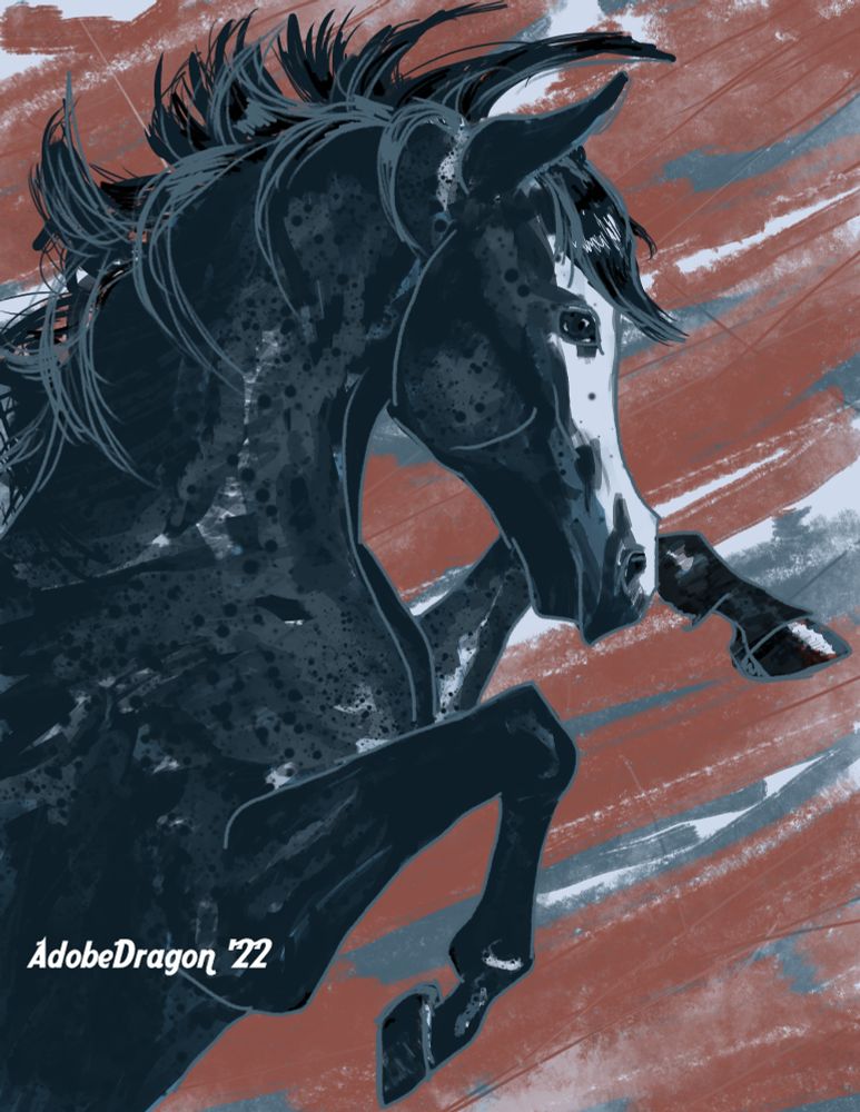 A dark-gray Arabian horse rears before a backdrop of red, gray and blue-gray brushstrokes.
