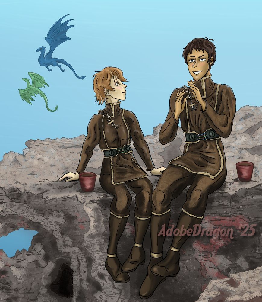 Voltron Legendary Defender's Pidge and Lance in a Dragonriders of Pern AU setting. Lance and Pidge sit on a rocking ledge, side-by-side, legs dangling off the edge. They wear their dragonriding leathers and in the background, their dragons, Azureth and Verdoth fly.