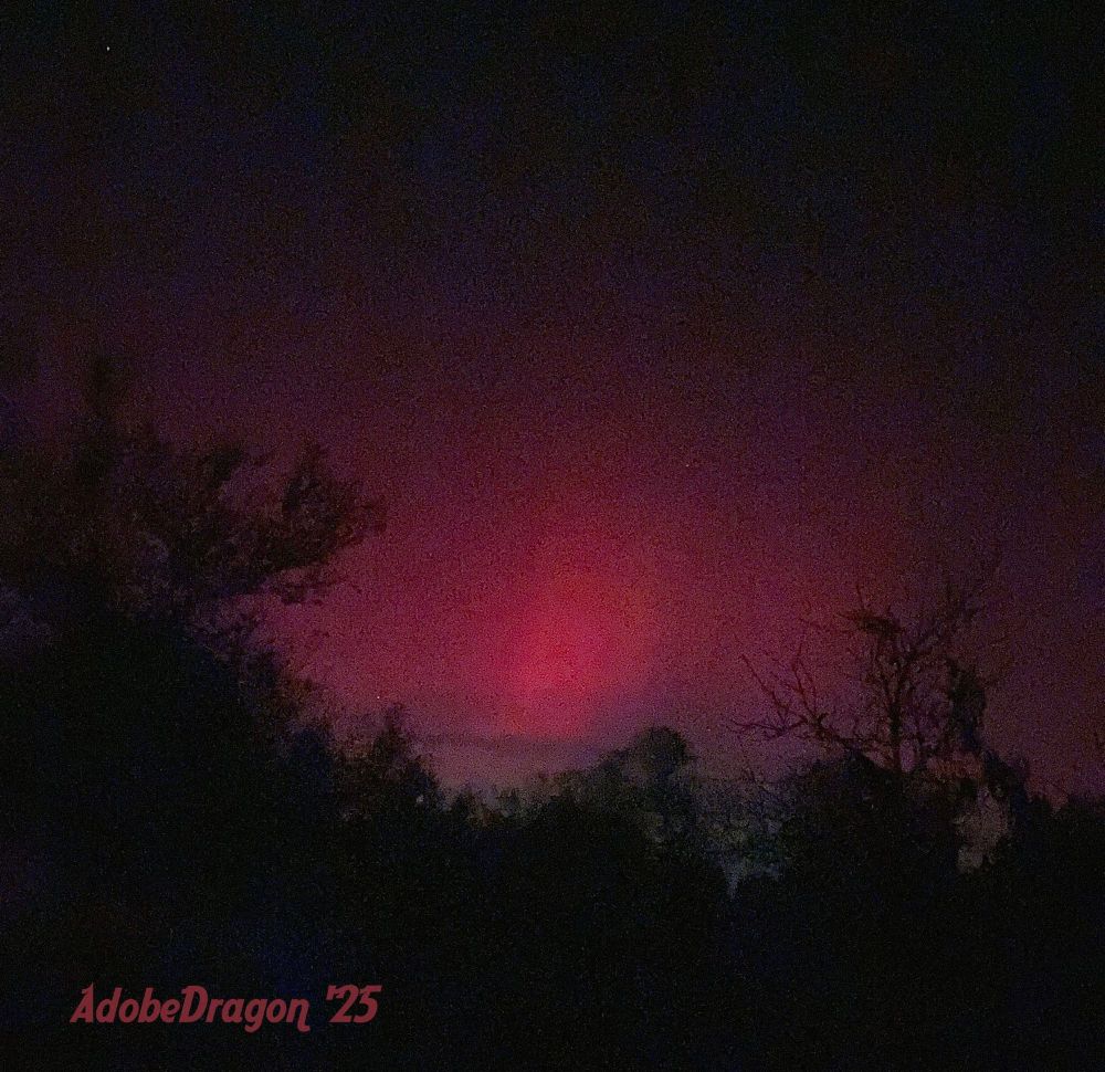 Northern Lights as seen at around 35-degree latitude, November 11. A night sky is splashed with vivid dark pink and burgundy, set against the silhouettes of trees on the horizon.  