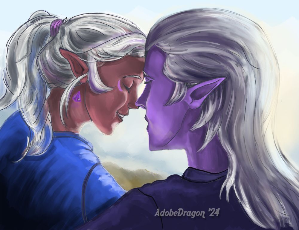 VLD's Allura and Lotor, dressed in contemporary clothing, sitting on a sun-drenched hillside above the ocean.