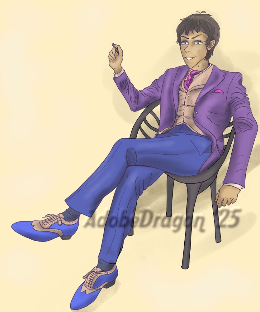 Voltron Legendary Defender's Lance sits in a casual slump in a chair, a cigar in one hand. (Cuban cigar, maybe?) Wearing a purple jacket, blue pants and blue suede shoes. With a fuchsia tie and handkerchief in his lapel pocket. Bi colors for pride month. 
