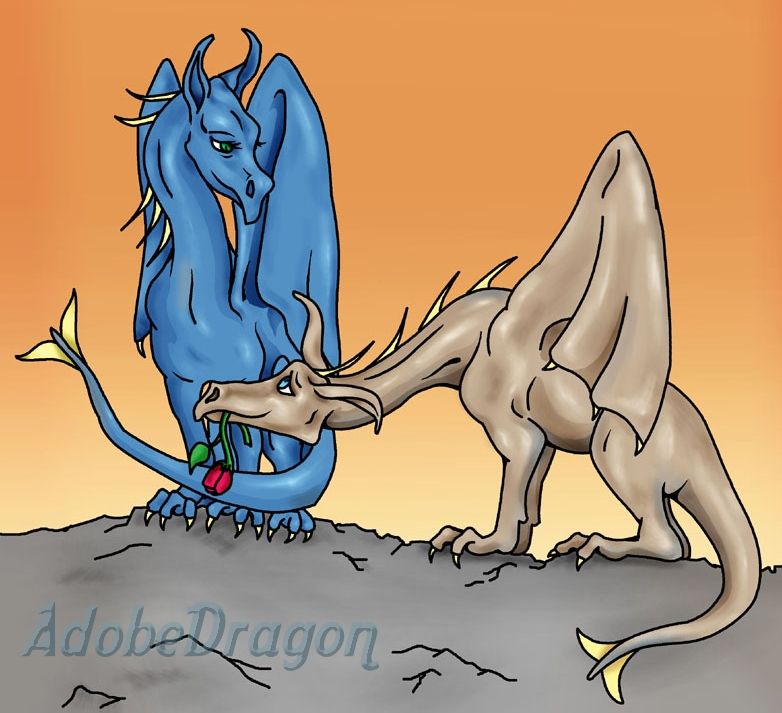 Cartoon. A timid brown dragon presents a rose to a blue dragon, a token of love. Blue dragon looks rather amuse and a bit supercilious.