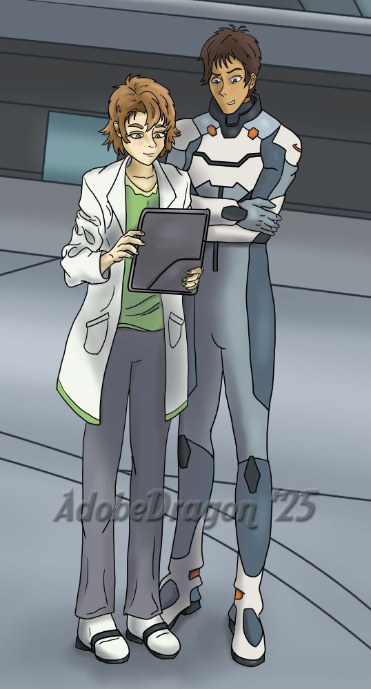 Katie "Pidge" Holt and Lance McClain from Voltron: Legendary Defender. Pidge stands, her attention on a gray data pad in her hands. Lance stands behind her, wearing a flight suit, watching her input data on the pad.