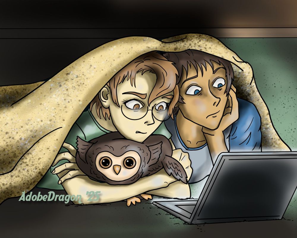 Katie "Pidge" Holt and Lance of Voltron: Legendary Defender. The pair lay on the floor in a dark room, hiding under a tan blanket, watching a laptop computer. A scary movie is playing and they watch in wide-eyed horror. Pidge clutches an owl stuffy.